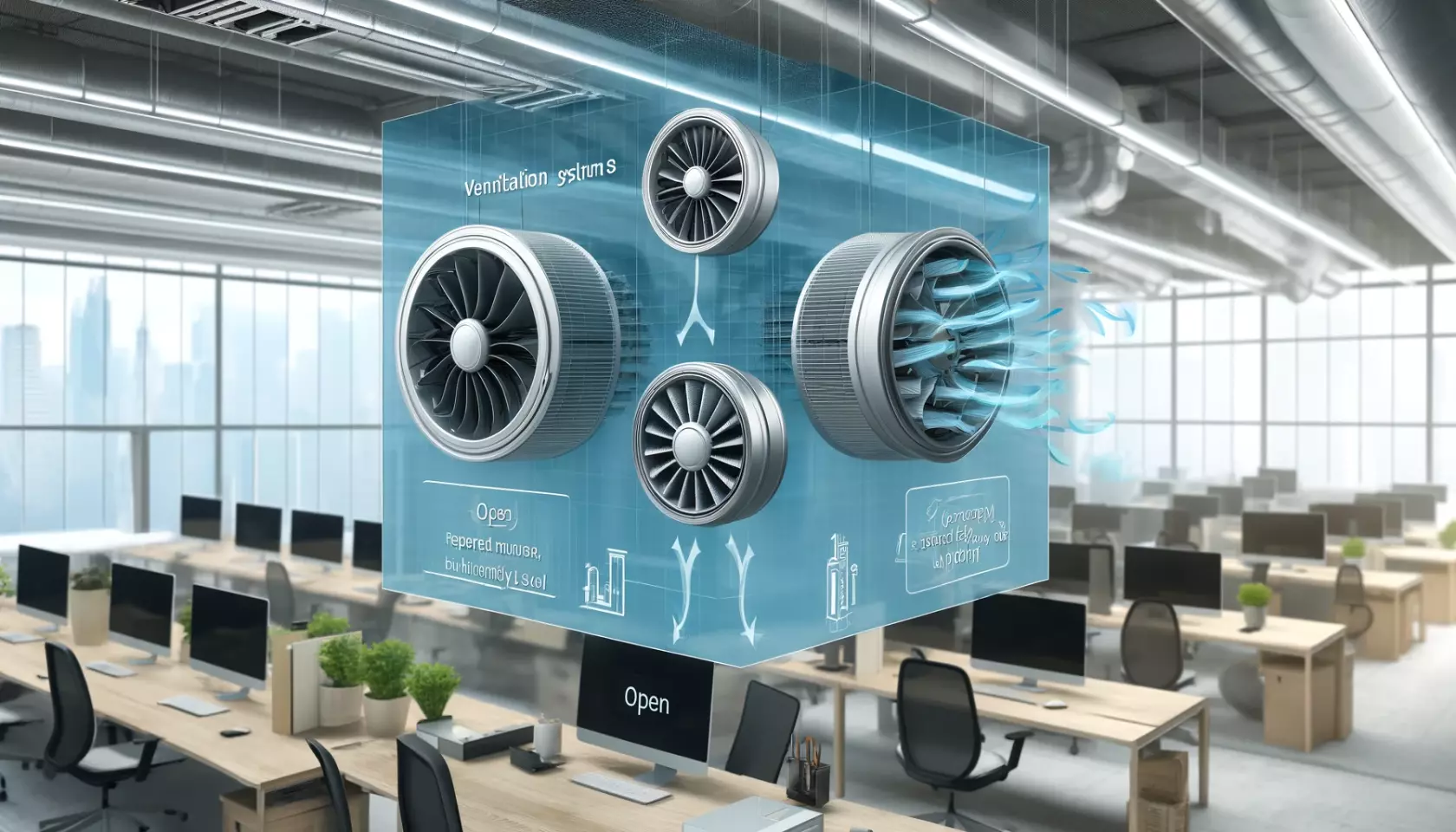 DALL·E 2024-06-04 00.23.11 - A detailed illustration of motorized dampers in a ventilation system, modulating airflow in response to occupancy measured by CO2 and humidity levels.webp