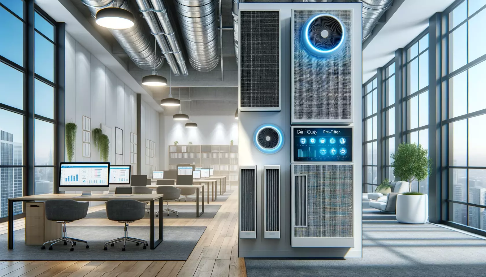 DALL·E 2024-06-04 00.27.43 - A modern office space with advanced air filtration systems installed. The scene shows the air filtration units, featuring high-efficiency filters, pre.webp