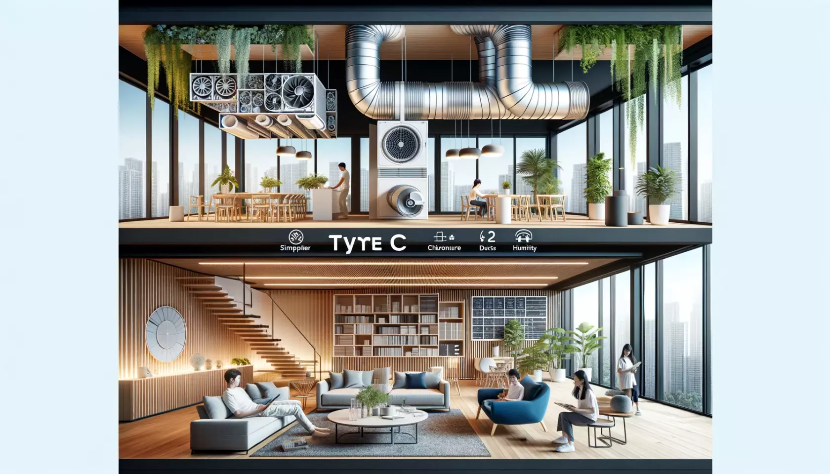 DALL·E 2024-06-04 21.16.40 - Two images focusing on Type C ventilation systems in buildings. The first image shows the components of a Type C system, including simpler, more flexi.webp