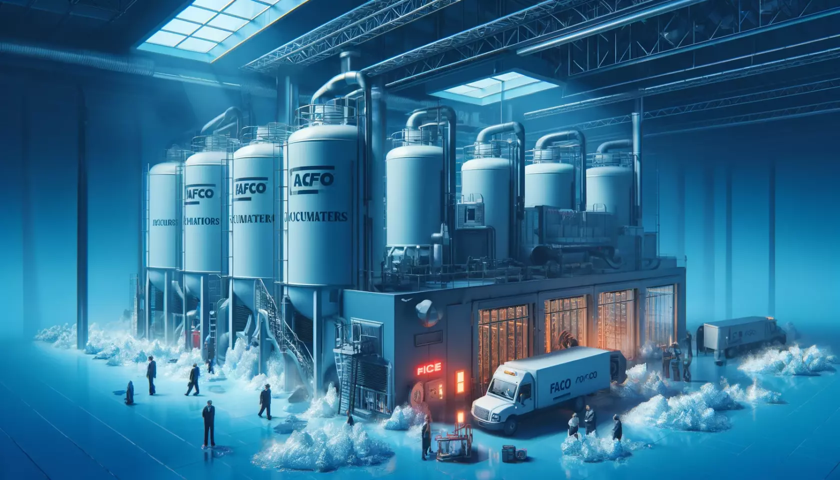 DALL·E 2024-06-13 09.22.15 - A modern industrial facility experiencing a refrigeration system failure. The scene shows Fafco ice accumulators actively providing cooling, with ice .webp